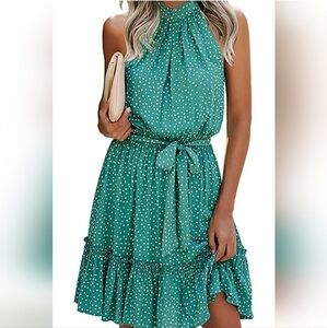 Drape & Ruffle Detailed Green & White Polka Dot Dress, Size Large